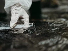 A person sampling fresh water using a test beaker in open environment. Evaluation exposure assessments and toxicity evaluations.