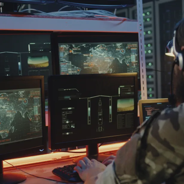 Medium close-up of soldiers controlling rocket launch on computer