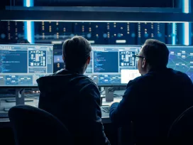 Two data scientists analyze data on mutiple computer screens. Exponent consulting helps you make data-driven decisions.