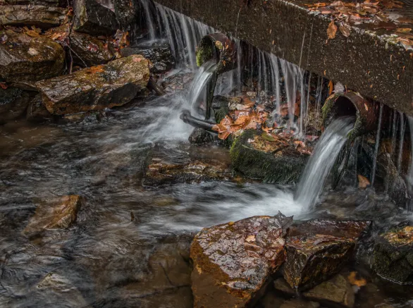 Stormwater flows from pipes into a stream