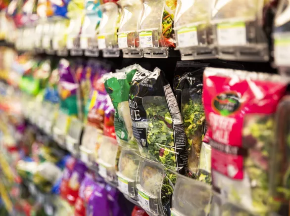 food and beverage products in plastic packaging shot in a supermarket