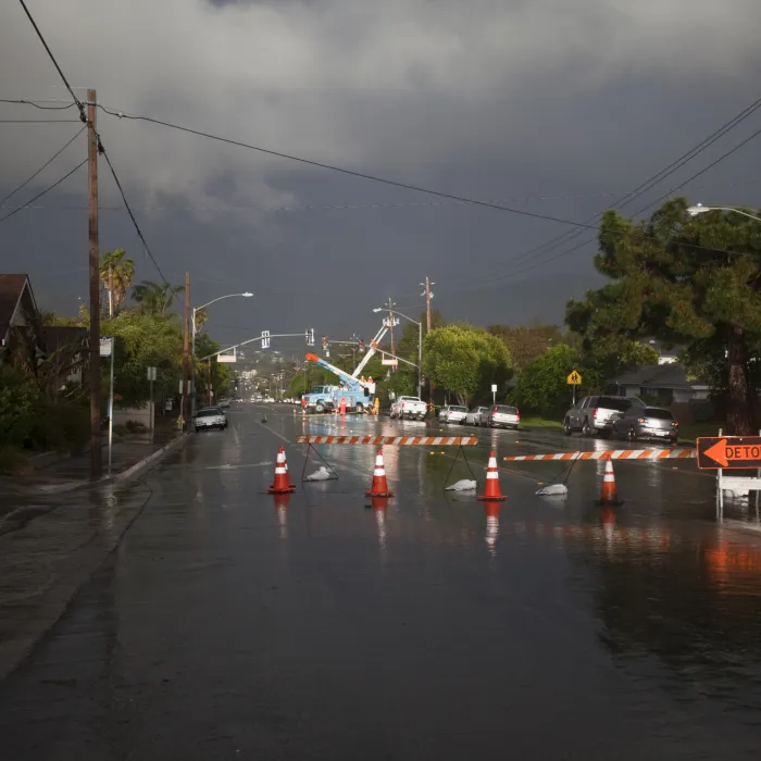 A big storm brought down a powerline, resulting in power outages for parts of this town. The main street was closed and detours arranged.