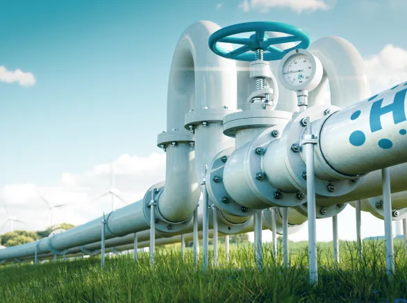 A hydrogen pipeline illustrating the transformation of the energy sector towards to ecology, carbon neutral, secure and independent energy sources to replace natural gas. 3d rendering