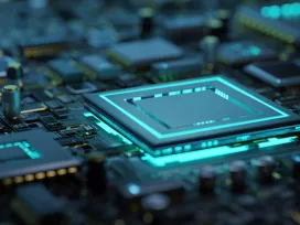 A green glow radiates from a computer circuit board. Exponent engineers analyze the thermal and electrical performance support. 