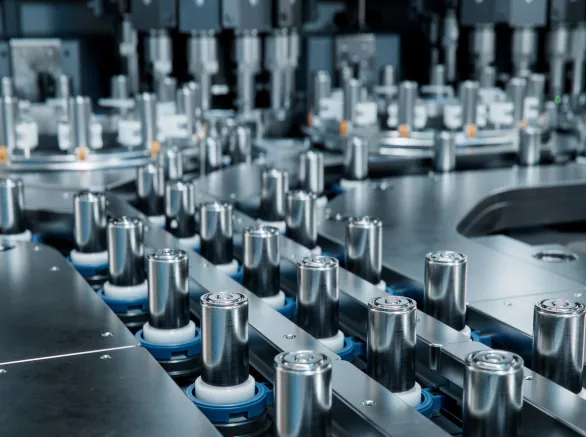 High Capacity Battery on Conveyor. Lithium-ion Cells for High-voltage Electric Vehicle Batteries Manufacturing Process. Battery Cells for Automotive Industry on Production Line.