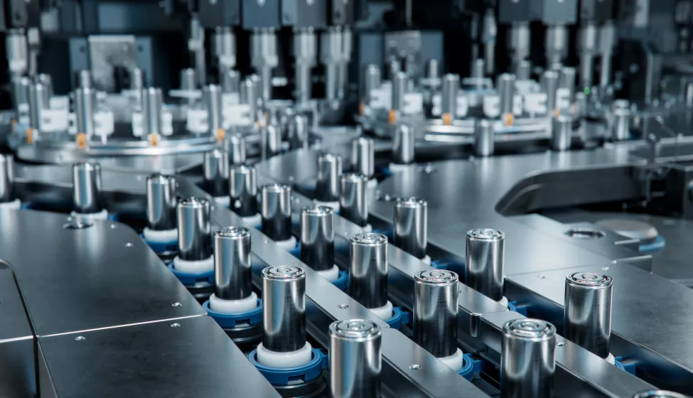 High Capacity Battery on Conveyor. Lithium-ion Cells for High-voltage Electric Vehicle Batteries Manufacturing Process. Battery Cells for Automotive Industry on Production Line.