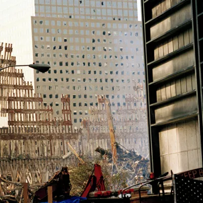 Steel Skeleton of World Trade Center Tower South (one) in Ground Zero days after September 11, 2001 