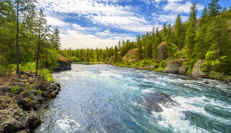 The Spokane River as it runs through the Riverside State Park near downtown Spokane, Washington, USA