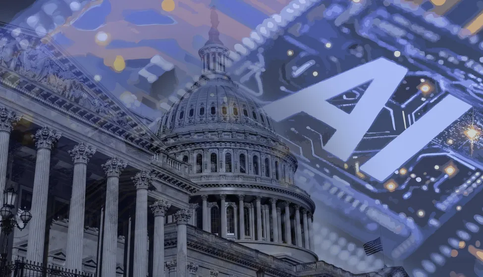 Photo of the United States Capitol with overlayed computer circuitry. The regulation of ai will be important in the changing world