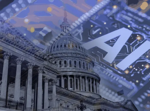 Photo of the United States Capitol with overlayed computer circuitry. The regulation of ai will be important in the changing world