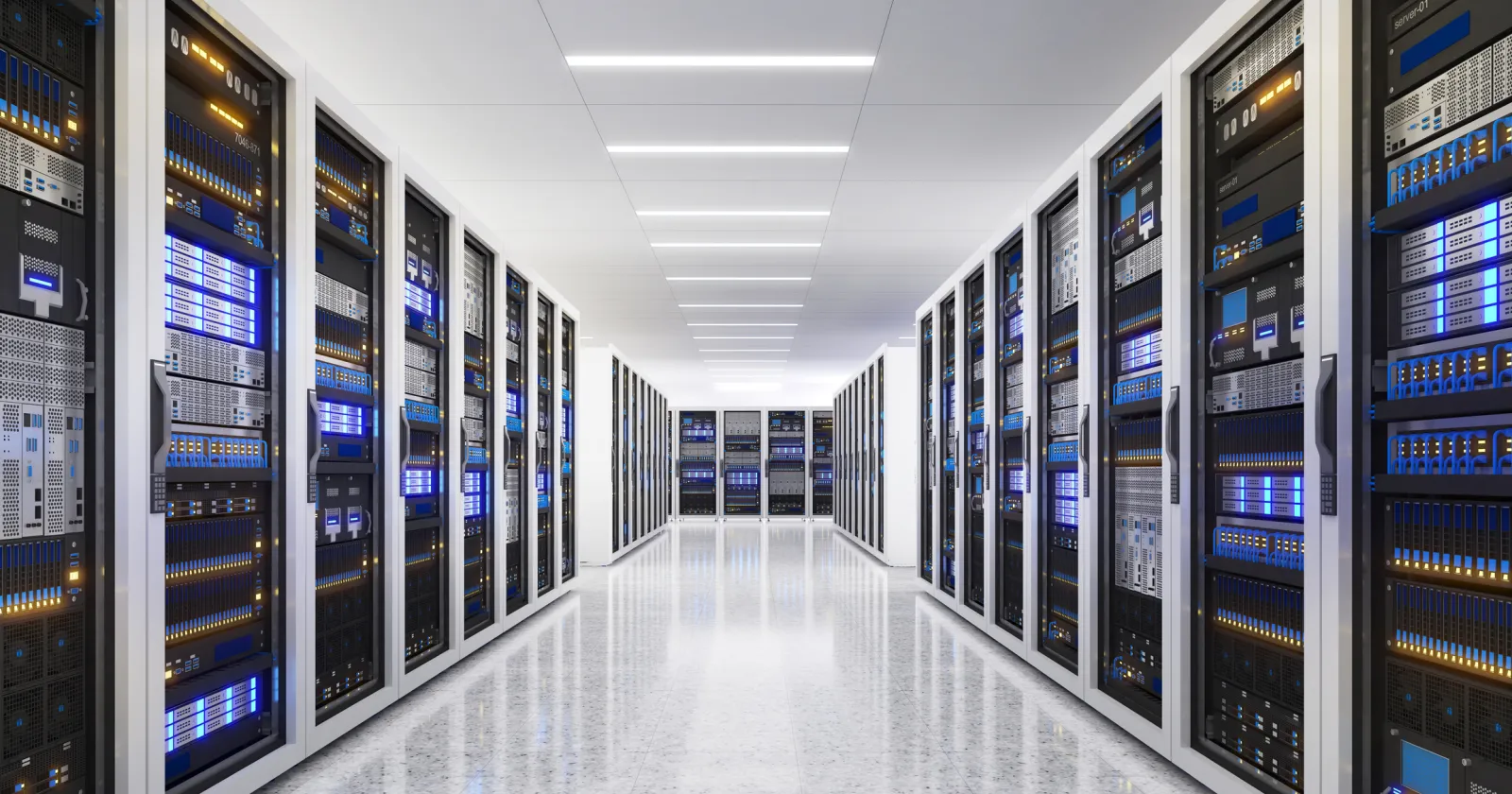 White storage and processing unit, large AI processing server room, data center storage and network processing room, SSD and hard disk drive storage, and processor cooling system,3D rendering