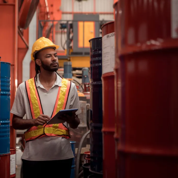 Industrial worker inspecting inside a large metal tube in a factory wearing safety helmet