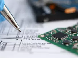 Worker evaluating a computer chip. Exponent provides technical support for copyright, infringement, and intellectual property.