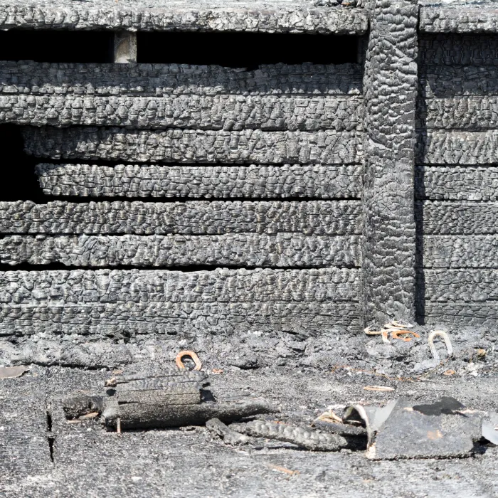 Burned charred planks on wood wall closeup in a fire