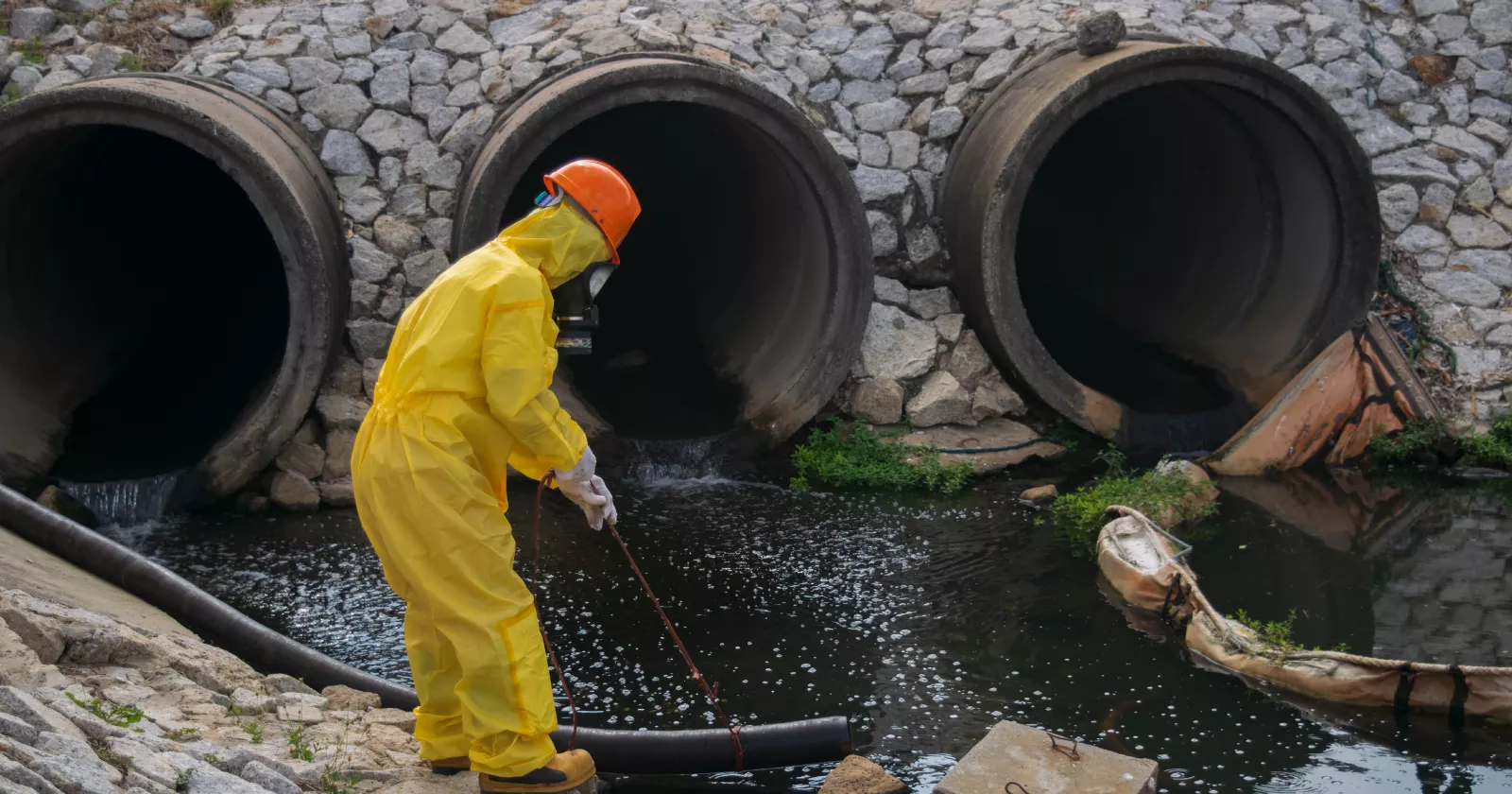 Hazmat worker performs hazardous material cleanup. Exponent provides technical support for all types of industrial contamination 