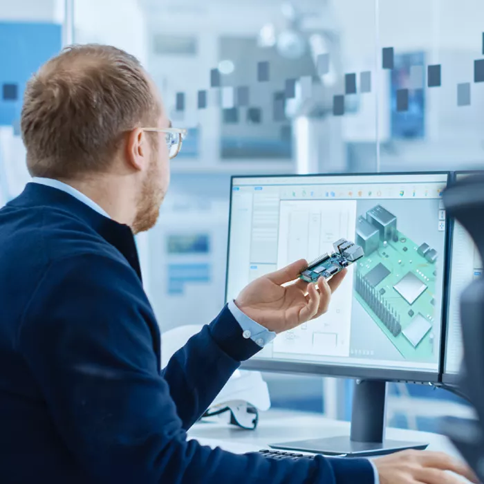 Scientist reviewing a product model on a computer screen in a lab