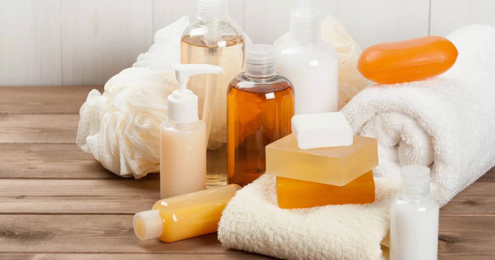 Natural beauty products and soaps neatly displayed on countertop. Exponent analyzes ingredients in personal care products.