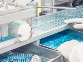 A container of pharmaceutical tablets. Exponent helps you maximize safe use conditions for pharmaceutical and biological products. 