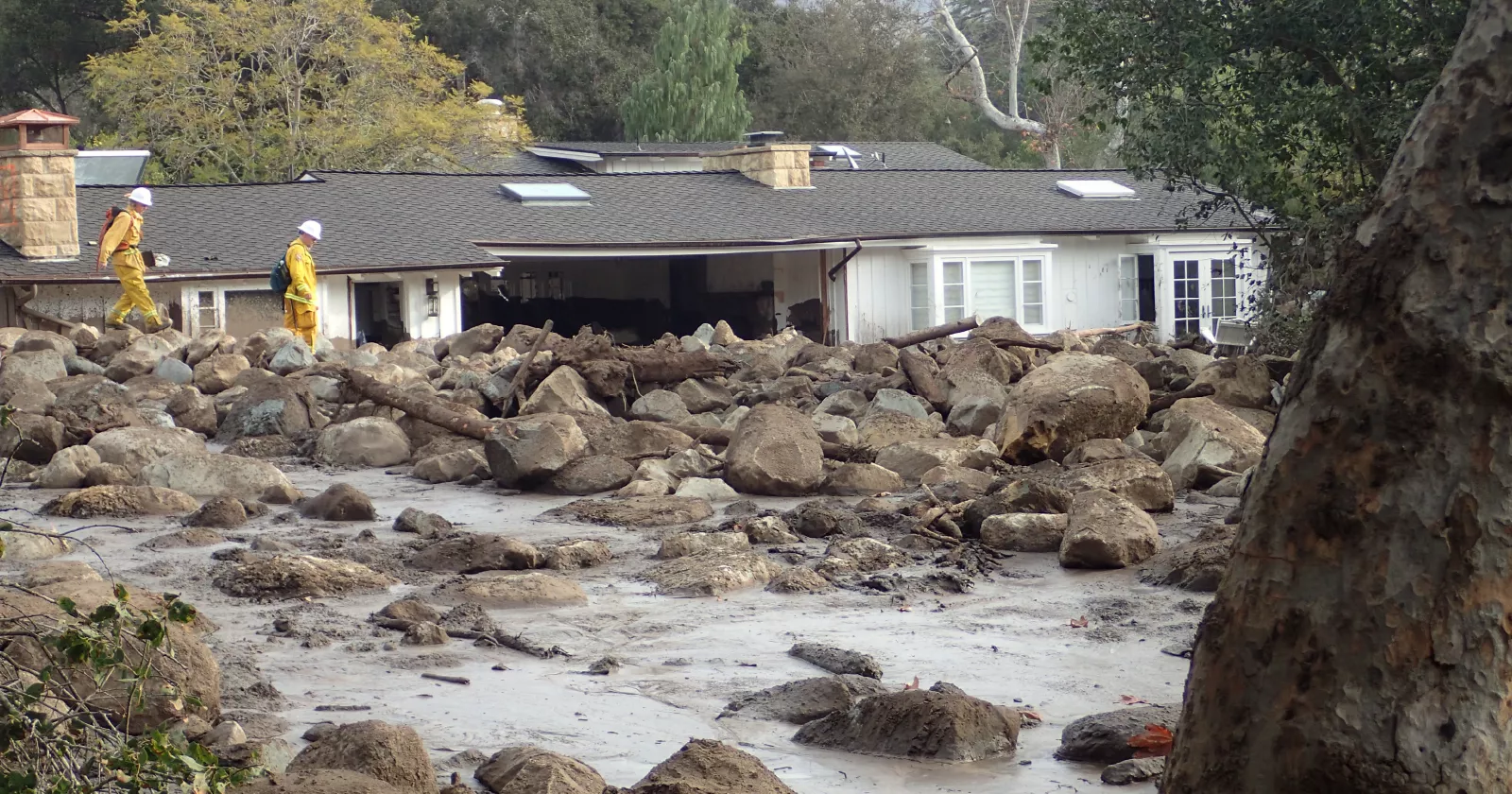 House destroyed by Montecito debris flow. Exponent risk assessments of external hazards and natural disasters.