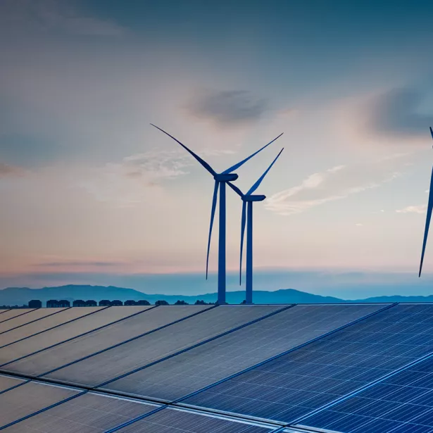 Solar and wind energy farm. Exponent provides expertise for all aspects of utilities management.